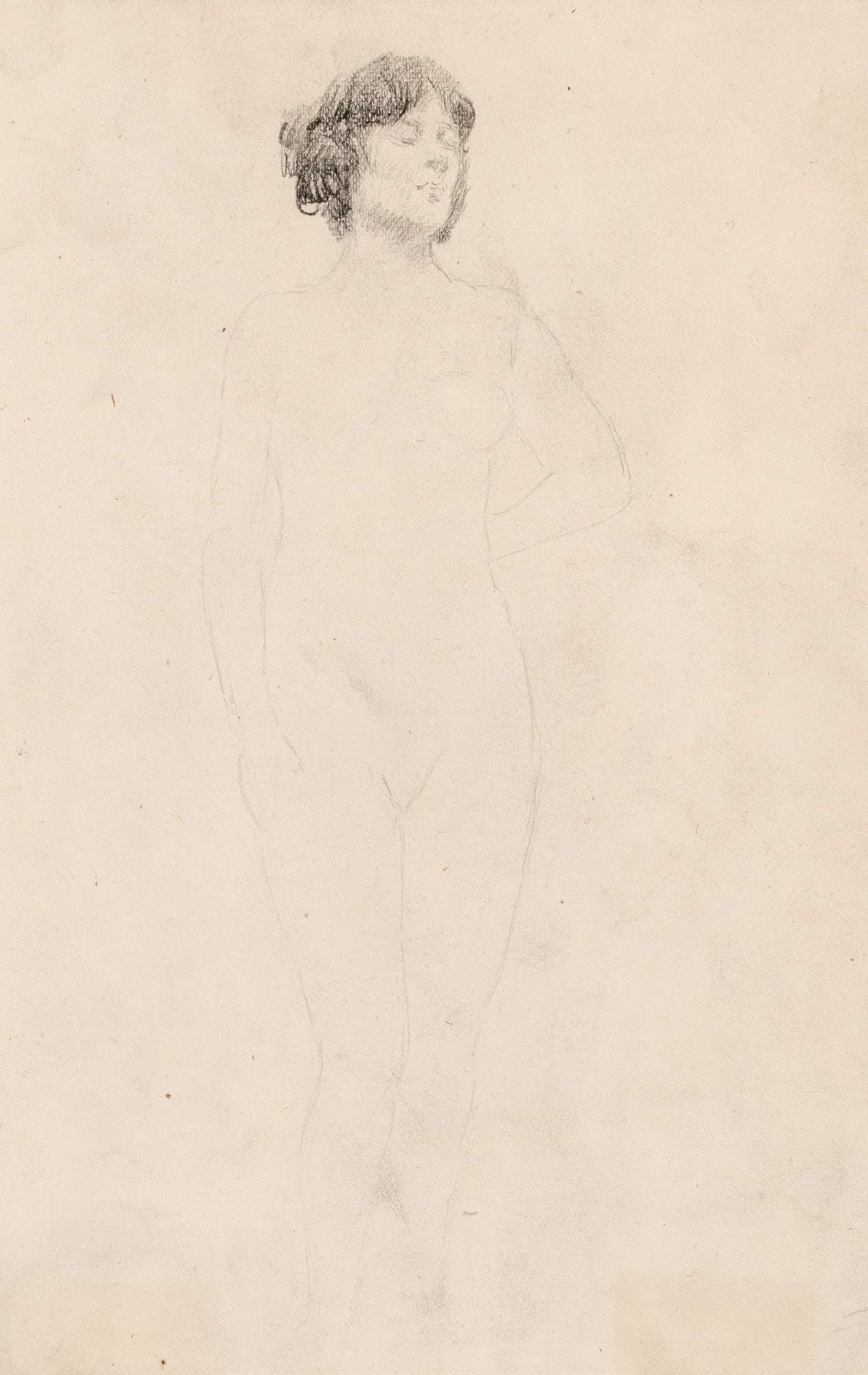Frank Duveneck: American, 1848-1919Standing Female NudePencil on paper9 1/4 x 6 inches Provenance:Spanierman Gallery, LLC, New York (Framed 18 3/4 x 16 inc