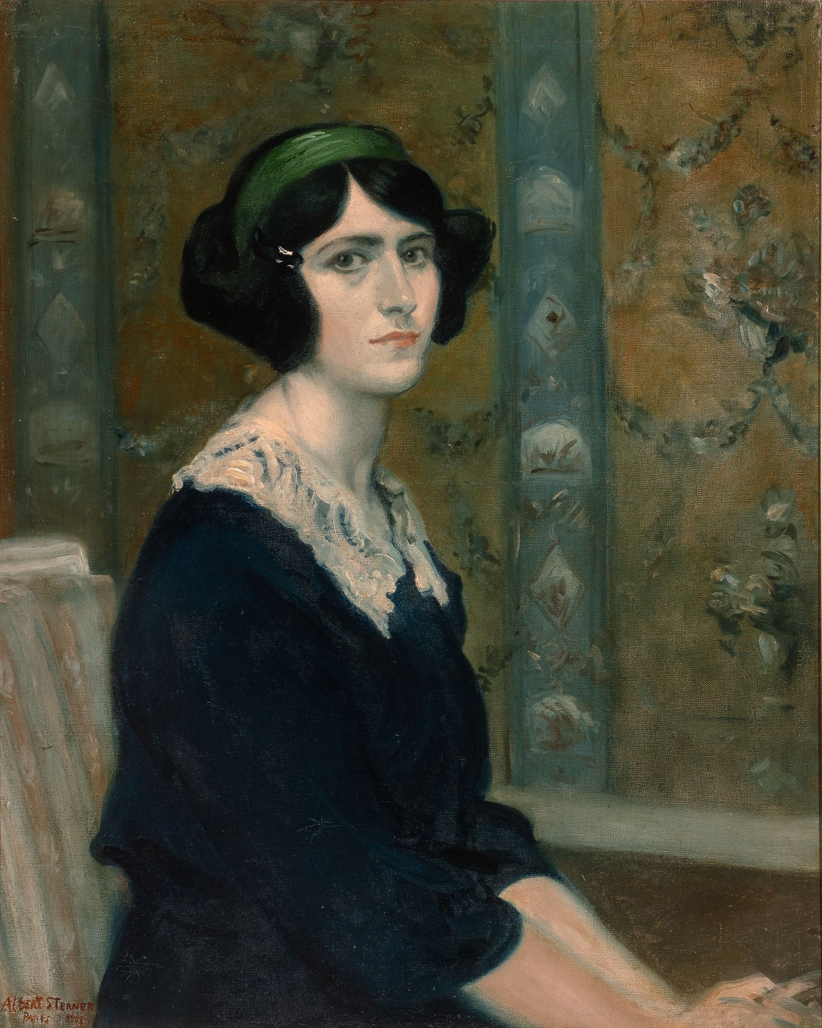 Albert Edward Sterner: American, 1863-1943Girl with Green Bandeau, 1908Signed Albert Sterner and dated Paris 1908 (ll)Oil on canvas32 x 26 inches (Framed 40 1/4 x 34 inches)