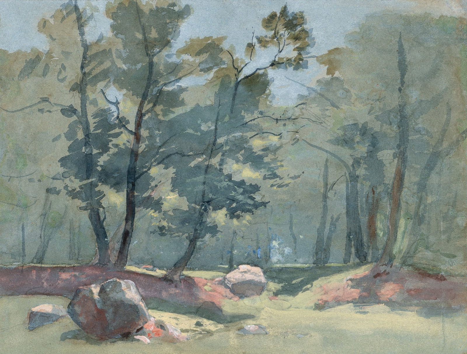 George Inness: American 1825-1894Landscape (Woods), circa 1866Watercolor and gouache on gray-blue paper10 3/4 x 13 5/8 inches Provenance:The artistGeorge Walter Vincent Smith, from the above probably on Apr. 14,