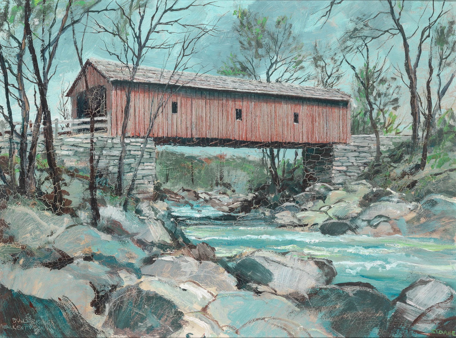 Eric Sloane: American, 1905-1985Bull's Bridge Near Kent, ConnecticutSigned Sloane (lr); inscribed Bulls Bridge / Near Kent Conn (lr)Oil on Masonite18 x 24 inches (Frame