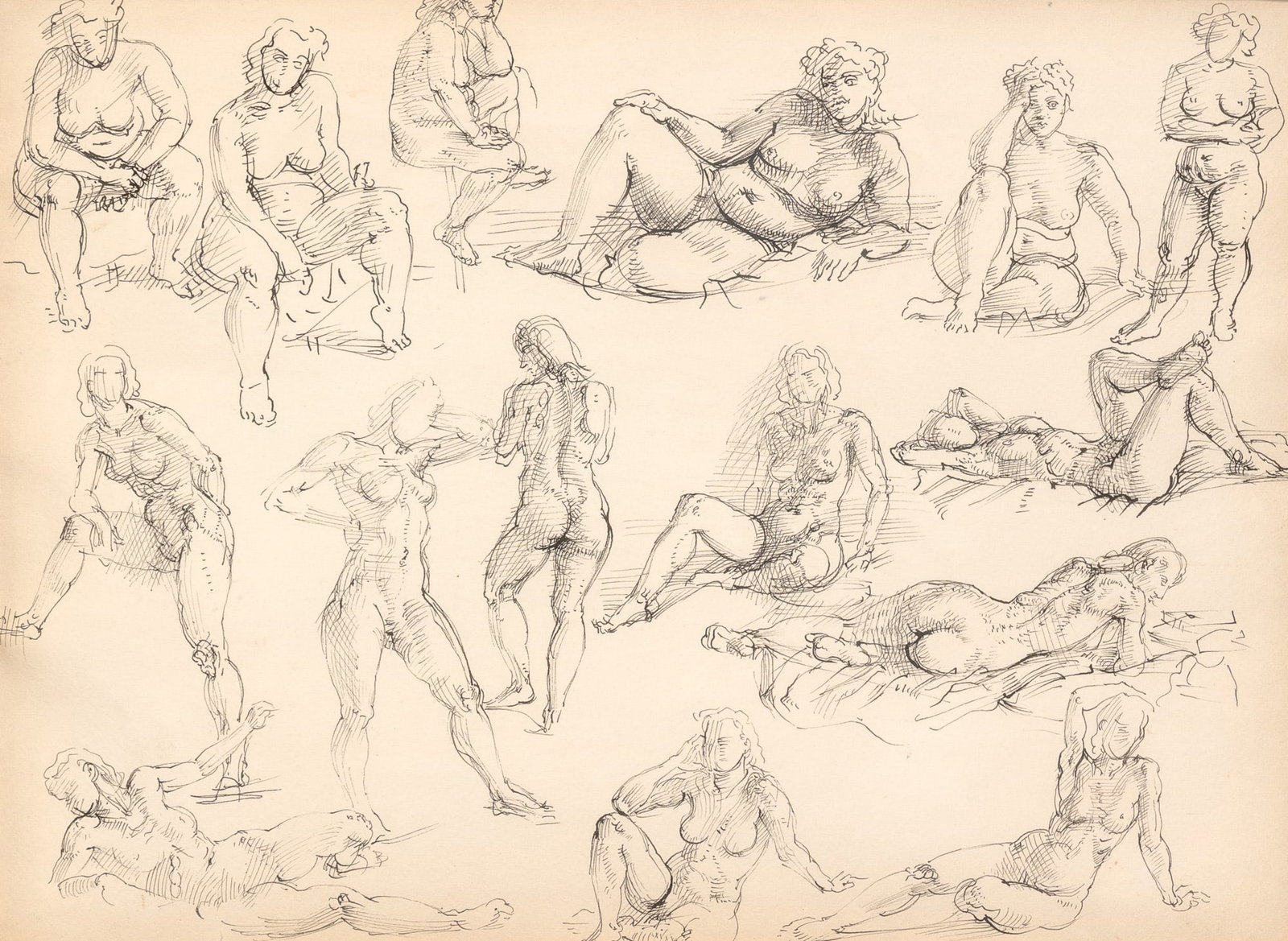 Reginald Marsh: American, 1898-1954Fifteen NudesInk on paper9 x 11 7/8 inchesProvenance:Chapellier Galleries, New YorkMidtown Payson Galleries, New York There is some t