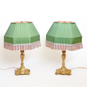 Pair of Louis XV Style Gilt Bronze Shell-Work Molded Candlestick Lamps