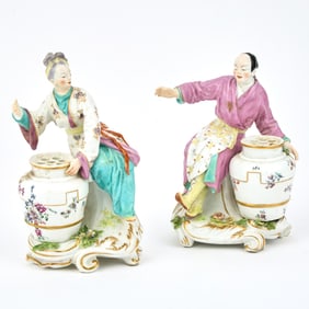 Pair of Chelsea Porcelain Chinoiserie Figural Flower-Holders Circa 1758