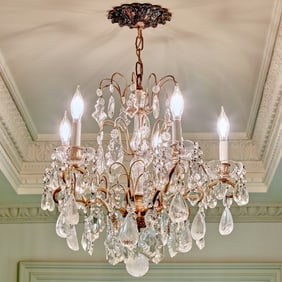 Louis XV Style Patinated Metal, Glass and Rock Crystal Five-Light Chandelier 20th Century