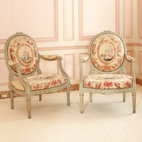Pair of Louis XVI Style Tapestry Upholstered Painted Wood Fauteuils Ã&nbsp; la Reine