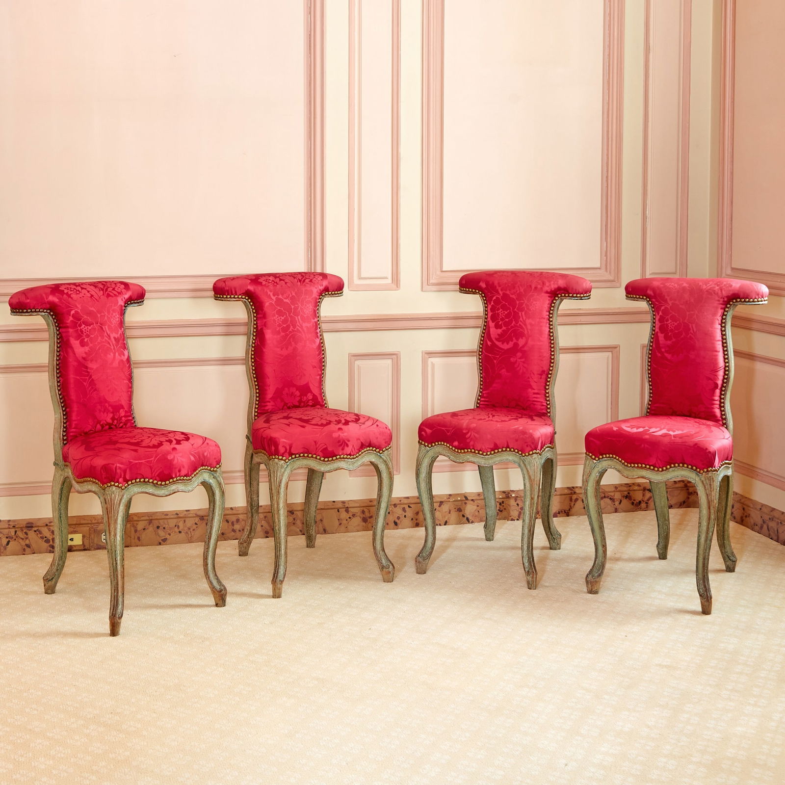 Set of Four Louis XV Style Upholstered Painted Wood Chaises Voyeuses: Estate / Collection: Property of a Fifth Avenue Philanthropist Each with a T-form back, with nailhead trim, raised on cabriole legs. Height of back 33 1/2 inches (85 cm), height of seat 18 inches (46