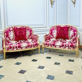 Pair of Louis XVI Damask Upholstered Giltwood Canapés