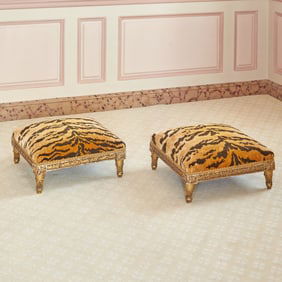 Pair of Louis XVI Style Upholstered Giltwood Foot Stools