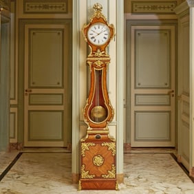 Louis XV Gilt Bronze Mounted Rosewood, Tulipwood and Kingwood Tall Case Clock Attributed to