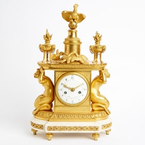 Louis XVI Gilt Bronze and Marble Clock Noel Bourret, Paris, bronze attributed to Pierre Gouthiere,
