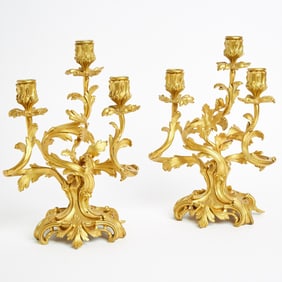 Pair of Louis XV Style Gilt Bronze Three-Light Candelabra