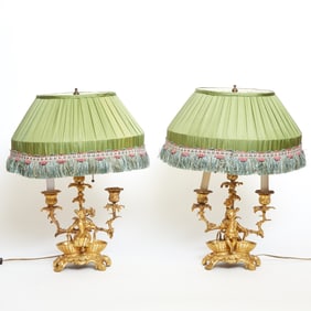 Pair of Louis XV Style Gilt Bronze Three-Light Candelabra Lamps with Figure on Base