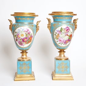 Pair of Paris (Jacob Petit) Gilt-Bronze Mounted Blue-Ground Two-Handled Vases on Plinths Circa 1840