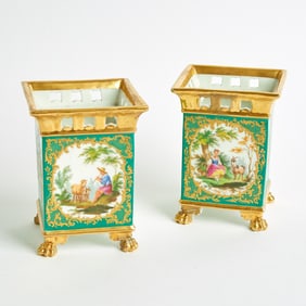 Pair of French Porcelain Green-Ground Footed Orange Tubs Late 19th century