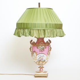 Sevres Style Porcelain Pink and Pale Yellow Ground Two-Handled Vase Mounted as a Lamp Mid-19th