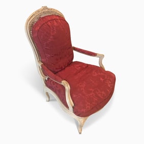 Louis XV Painted and Caned Fauteuil Ã&nbsp; la Reine with Silk Damask Cushions Late 18th
