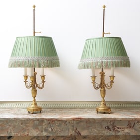 Pair of Louis XVI Style Gilt Bronze Three-Light Lamps with Silk Shades