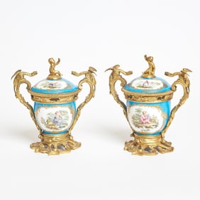 Pair of Sevres Porcelain (Later-Decorated) Gilt-Bronze Mounted Pot-Pourri Vases and Covers
