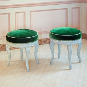 Pair of Louis XVI Velvet Upholstered Painted Wood Tabourets Attributed to Georges Jacob, Paris, last