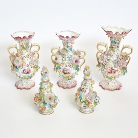 Assembled English Porcelain Flower-Encrusted Five-Piece Garniture Circa 1830-40, the vases perhaps