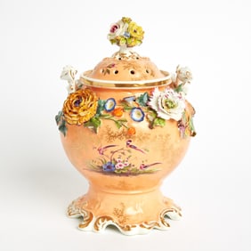 English Porcelain Peach-Ground Flower-Encrusted Two-Handled Pot-Pourri Jar, Cover and Liner Early