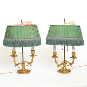 Pair of Louis XV Style Two-Light Candelabra Lamps with Fringed Shades
