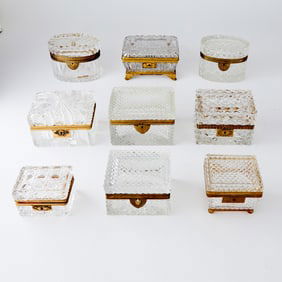 Group of Nine Empire Style Gilt-Metal Mounted Cut Glass Trinket Boxes