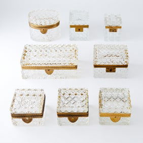 Group of Eight Empire Style Gilt-Metal Mounted Cut Glass Trinket Boxes