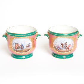 Pair of Sevres Style Porcelain â€˜Jeweledâ€™ Pink and Green Ground