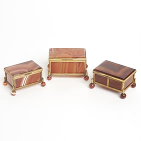 Three Continental Gilt Metal Mounted Agate Boxes 20th Century