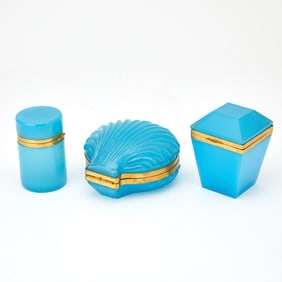 Group of Three Continental Blue Opaline Glass Trinket Boxes