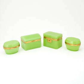 Group of Four Continental Gilt-Metal Mounted Green Opaline Glass Boxes