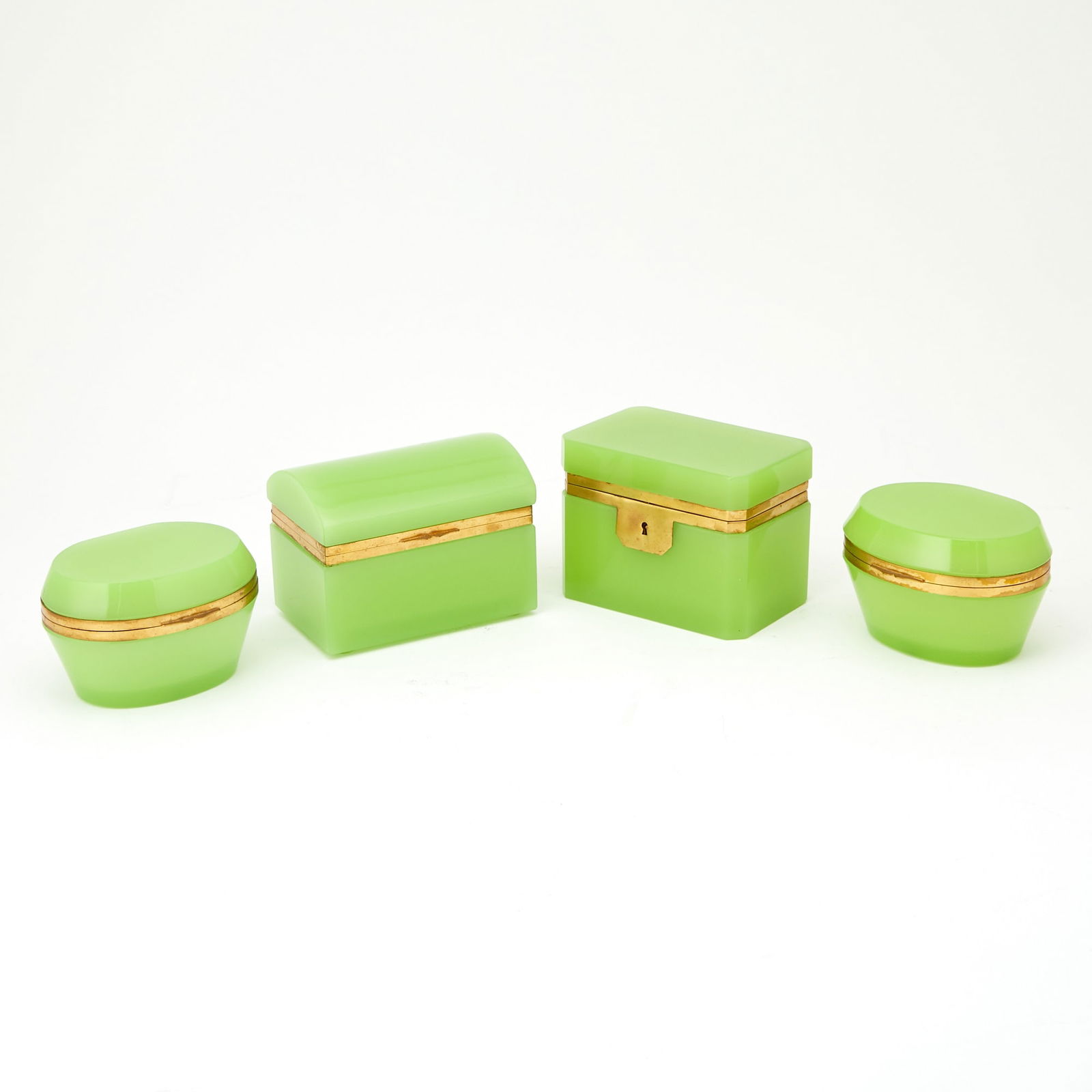 Group of Four Continental Gilt-Metal Mounted Green Opaline Glass Boxes (1 of 3)