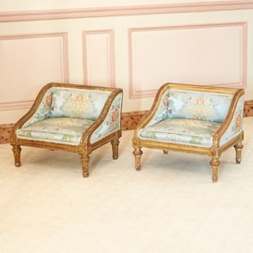 Matched Pair of Louis XVI Style Upholstered Giltwood Lits de Chien