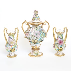 Assembled Minton Porcelain Flower-Encrusted Three-Piece Vase Garniture Circa 1840, the pair with