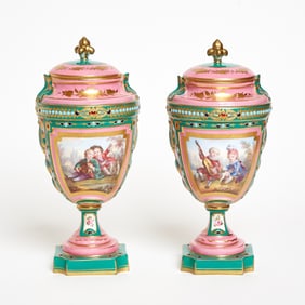 Pair of Sevres Style Porcelain â€˜Jeweledâ€™ Pink and Green Ground