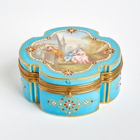 Sevres Style Porcelain â€˜Jeweledâ€™ Turquoise Ground Quatrefoil