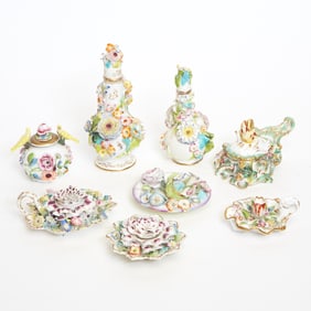 Group of Eight English Porcelain Flower-Encrusted Toilet Table Objects Circa 1830-1840
