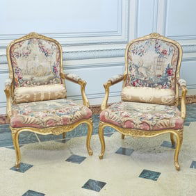 Pair of Louis XV Style Giltwood Tapestry Upholstered Fauteiuls Ã&nbsp; la Reine