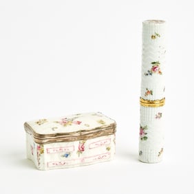 Mennecy Porcelain Silver-Gilt Mounted Ozier-Molded Snuff-Box and Cover and a Mennecy Etui Circa