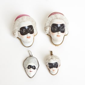 Two Meissen Style Porcelain Gilt-Metal Mounted Masquerade Ladyâ€™s Face