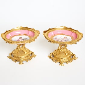 Pair of Sevres Style Porcelain Pink-Ground Gilt-Bronze Mounted Tazzas Late 19th century