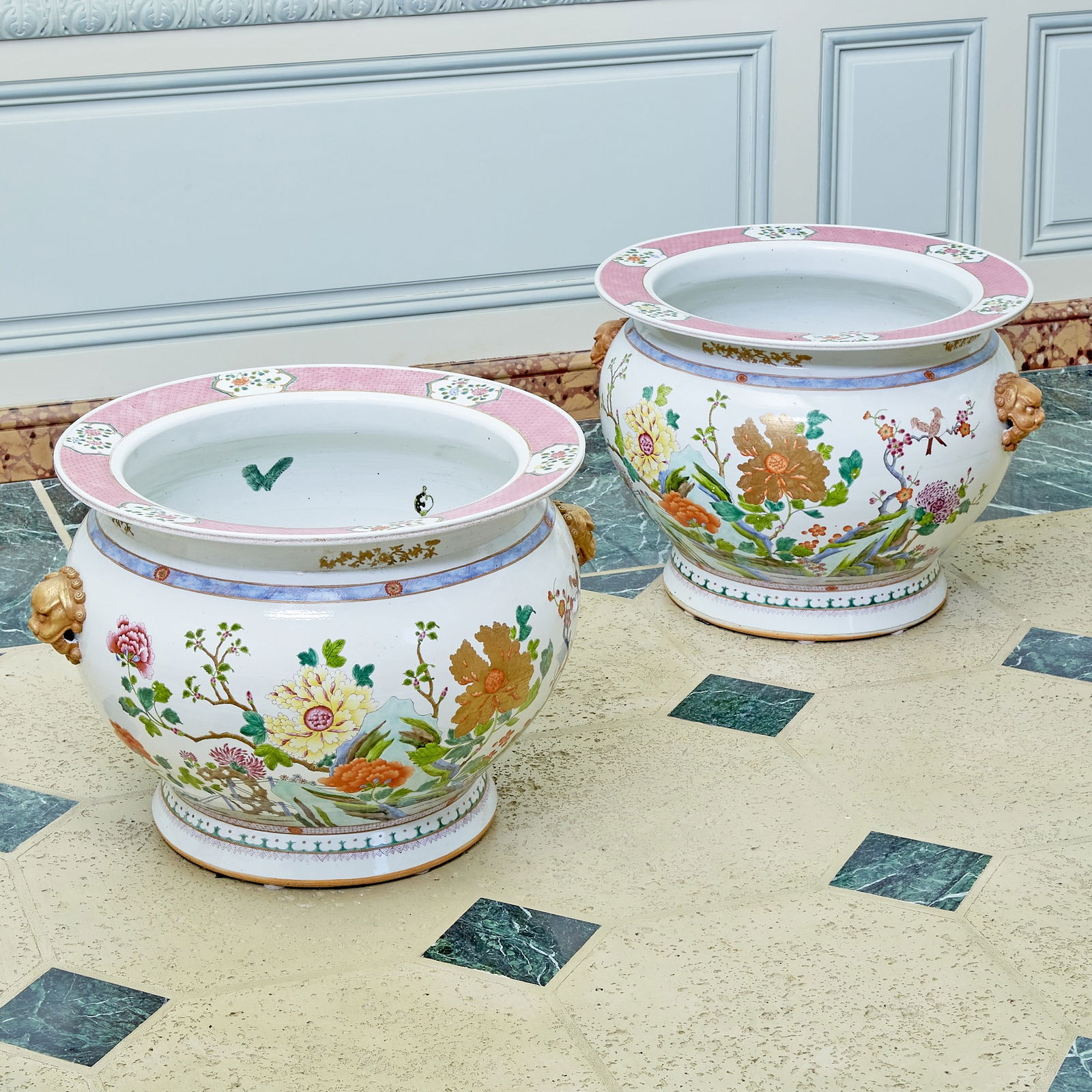Pair of Large Chinese Enameled Porcelain Jardinieres (1 of 4)