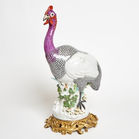 Samson Porcelain Gilt-Bronze Mounted Model of a Guinea Fowl Late 19th century, blue crossed lines