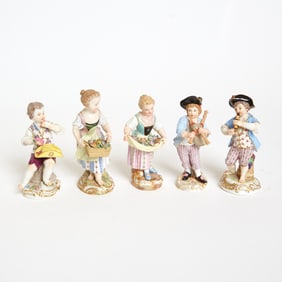 Five Meissen Porcelain Figures of Gardeners and Musicians Late 19th/20th century, blue crossed