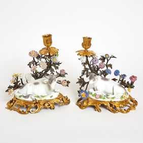 Pair of Meissen Porcelain Gilt-Bronze and Tole Branch Mounted Models of Cows as Candlesticks