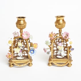 Pair of Meissen Porcelain Figural Gilt-Bronze Arcade and Tole Branch Chambersticks The porcelain