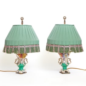 Pair of Coalport Porcelain Green-Ground Flower-Encrusted Two-Handled Vases as Table Lamps Circa 1825
