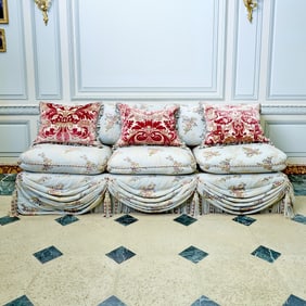 Pale Blue Brocade Upholstered Loose Cushion Settee Late 20th century
