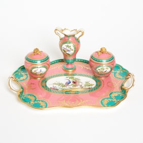 Mintons Porcelain Pink and Green Ground Desk Set Dated 1884, impressed date mark for 1878